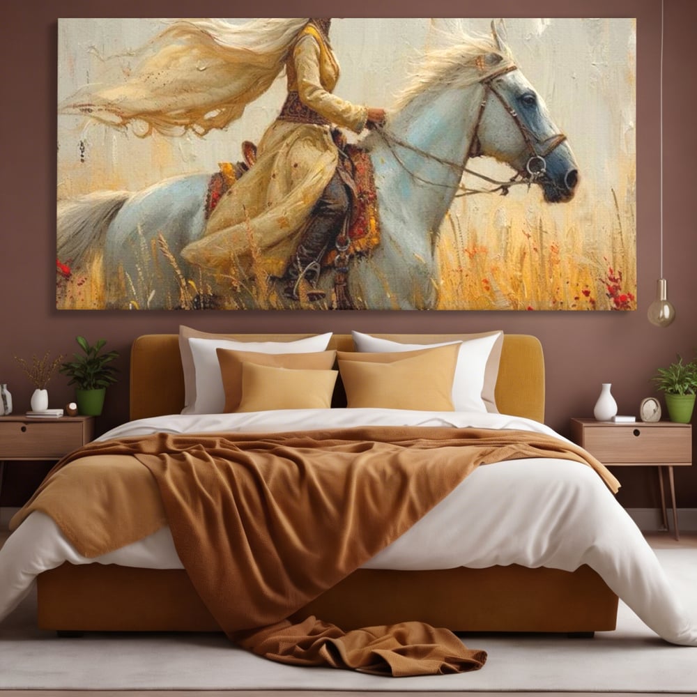 Tablou canvas cu tablou canvas cu femeie calare, fara rama, pe sasiu de lemn, pe perete intr-un dormitor